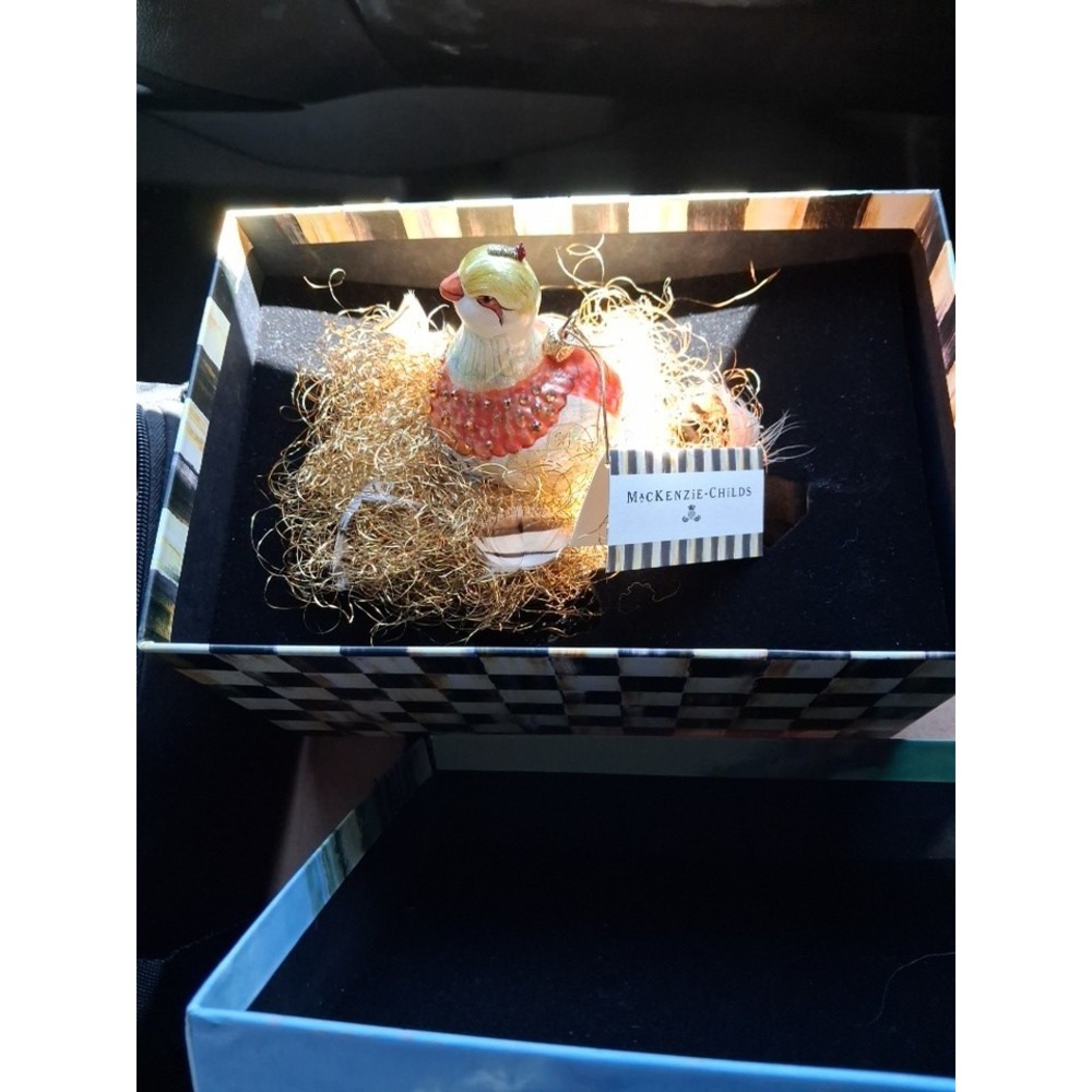 NEW MacKenzie Childs Rare NESTING PARTRIDGE Glass Ornament & Gift Box HTF